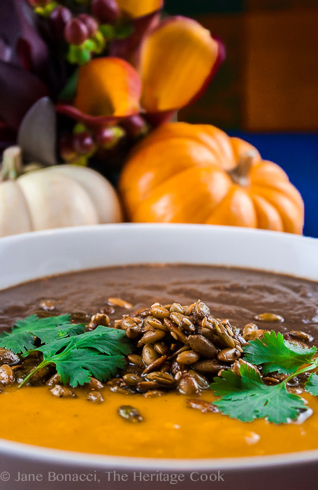 Halloween Black & Orange Soups, Curried Butternut Squash-Carrot Soup & Spicy Black Bean Soup; © 2016 The Heritage Cook. All rights reserved. 