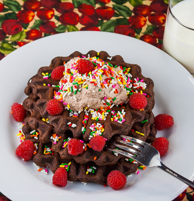 Gluten-Free Chocolate Waffles with Chocolate Whipped Cream; 2014 Jane Bonacci, The Heritage Cook. All rights reserved.