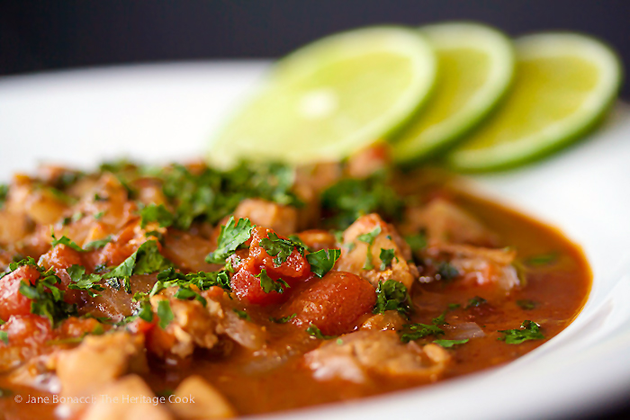 Gluten Free Spicy Chicken, Chiles, and Chocolate Soup; © 2016 Jane Bonacci, The Heritage Cook