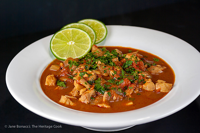 Gluten Free Spicy Chicken, Chiles, and Chocolate Soup; © 2016 Jane Bonacci, The Heritage Cook