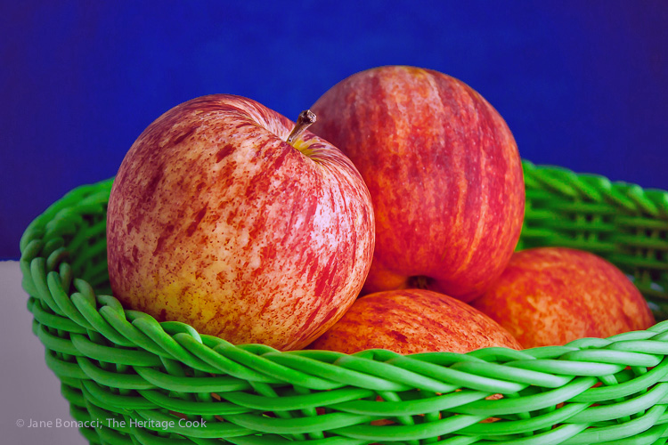 Basket of Gravenstein Apples; Sweet Endings Apple Desserts Round Up; ©2016 Jane Bonacci, The Heritage Cook