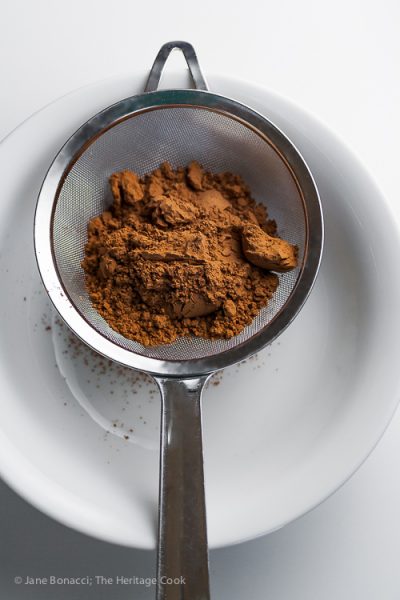 Sifter of cocoa powder © Jane Bonacci, The Heritage Cook, all rights reserved