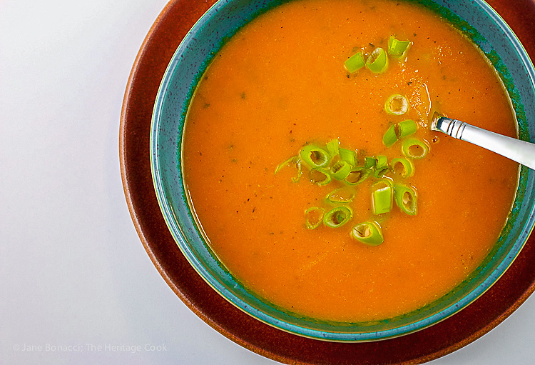 Healthy Carrot, Ginger, and Cumin Soup - Gluten-Free with Dairy-Free and Vegetarian/Vegan options; © 2017 Jane Bonacci, The Heritage Cook