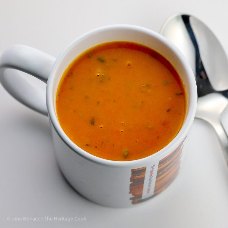 Healthy Carrot, Ginger, and Cumin Soup - Gluten-Free with Dairy-Free and Vegetarian/Vegan options; © 2017 Jane Bonacci, The Heritage Cook