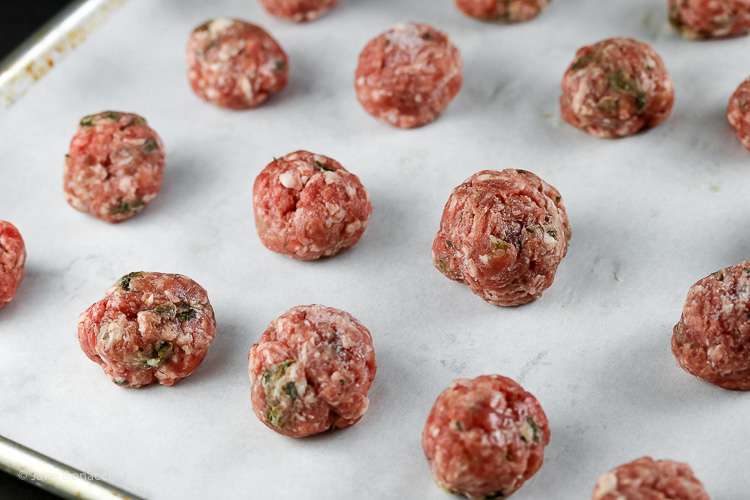 Leave meatballs on the tray to bake them; Gluten Free Italian Sausage Meatballs with Homemade Marinara Sauce © 2017 Jane Bonacci, The Heritage Cook. All rights reserved. 