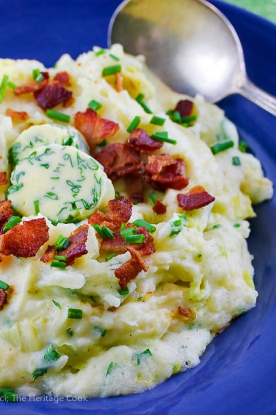 Leek and Bacon Irish Colcannon, mashed potatoes with cabbage and onions; © 2017 Jane Bonacci, The Heritage Cook