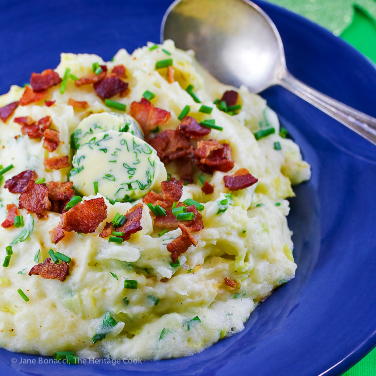 Leek and Bacon Irish Colcannon, mashed potatoes with cabbage and onions; © 2017 Jane Bonacci, The Heritage Cook