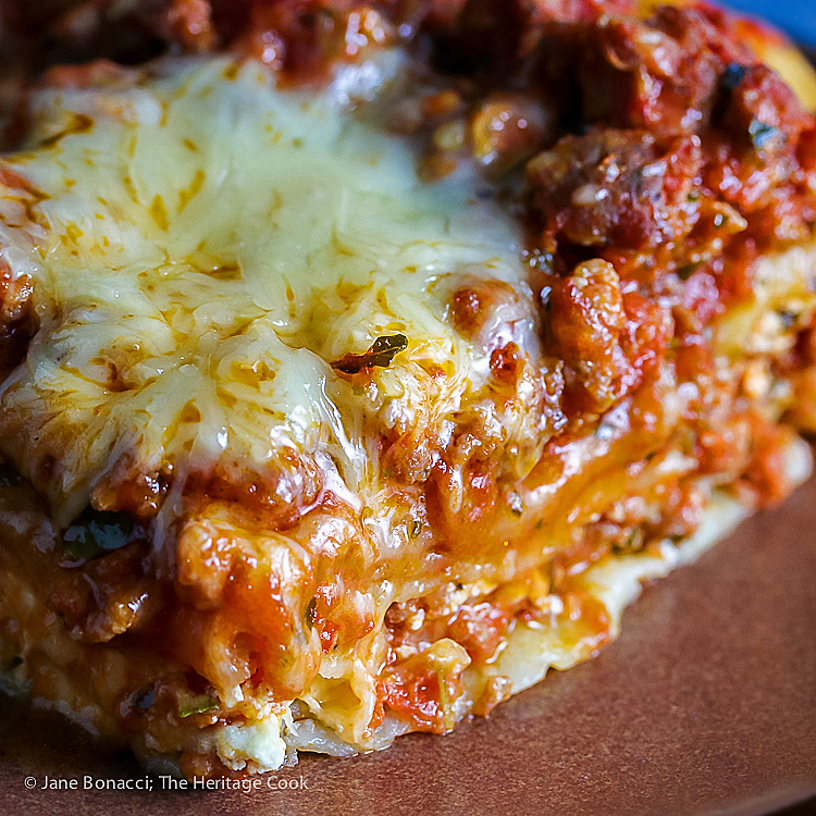 Close up of lasagna layers; Classic Meat Lasagna © 2017 Jane Bonacci, The Heritage Cook. All rights reserved. 