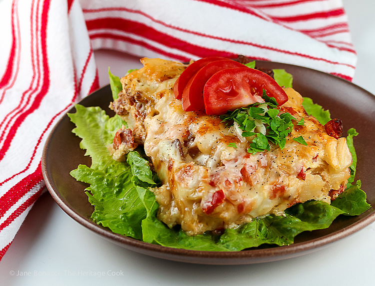 Easy Cheesy Potatoes O'Brien and Bacon Casserole © 2017 Jane Bonacci, The Heritage Cook