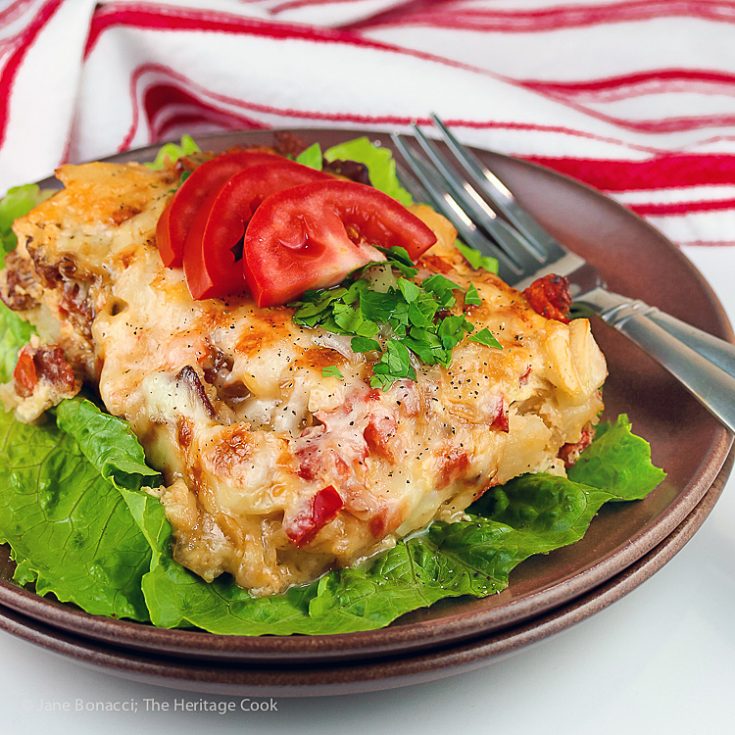 Easy Cheesy Potatoes O'Brien and Bacon Casserole © 2017 Jane Bonacci, The Heritage Cook