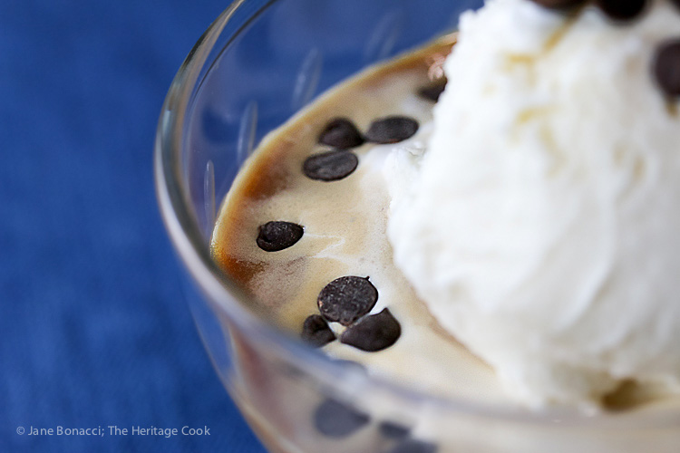 Chocolate chips floating in the melted ice cream; Chocolate Chip, Espresso, and Bourbon Affogato Italian Dessert; Gluten-Free © 2017 Jane Bonacci, The Heritage Cook