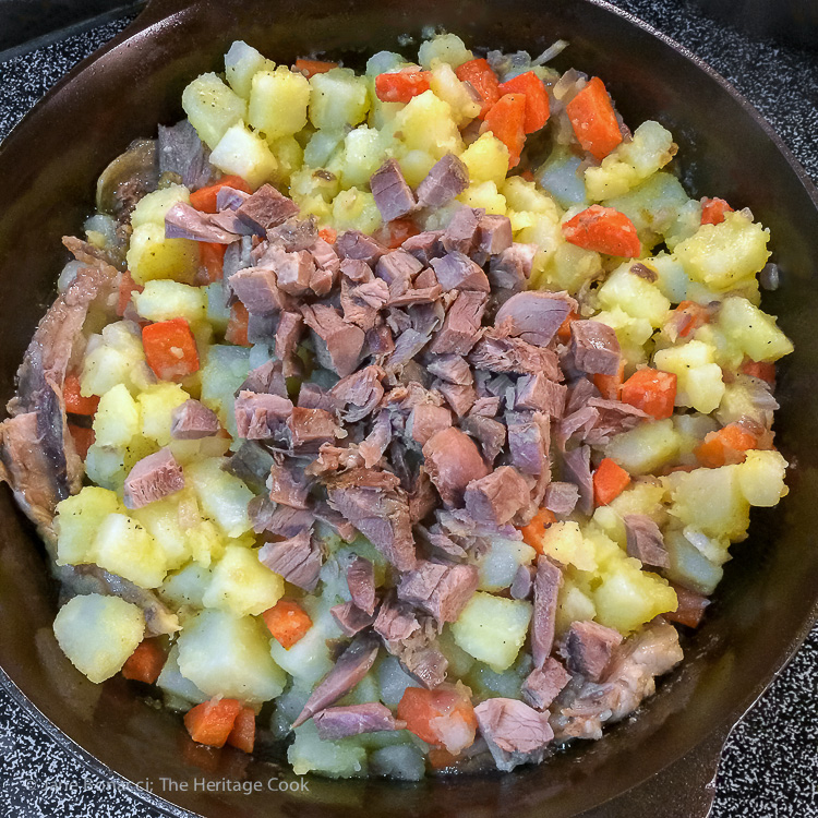 Chopped duck meat added to the hash; Duck Confit Potato Hash (Gluten Free) © 2017 Jane Bonacci, The Heritage Cook
