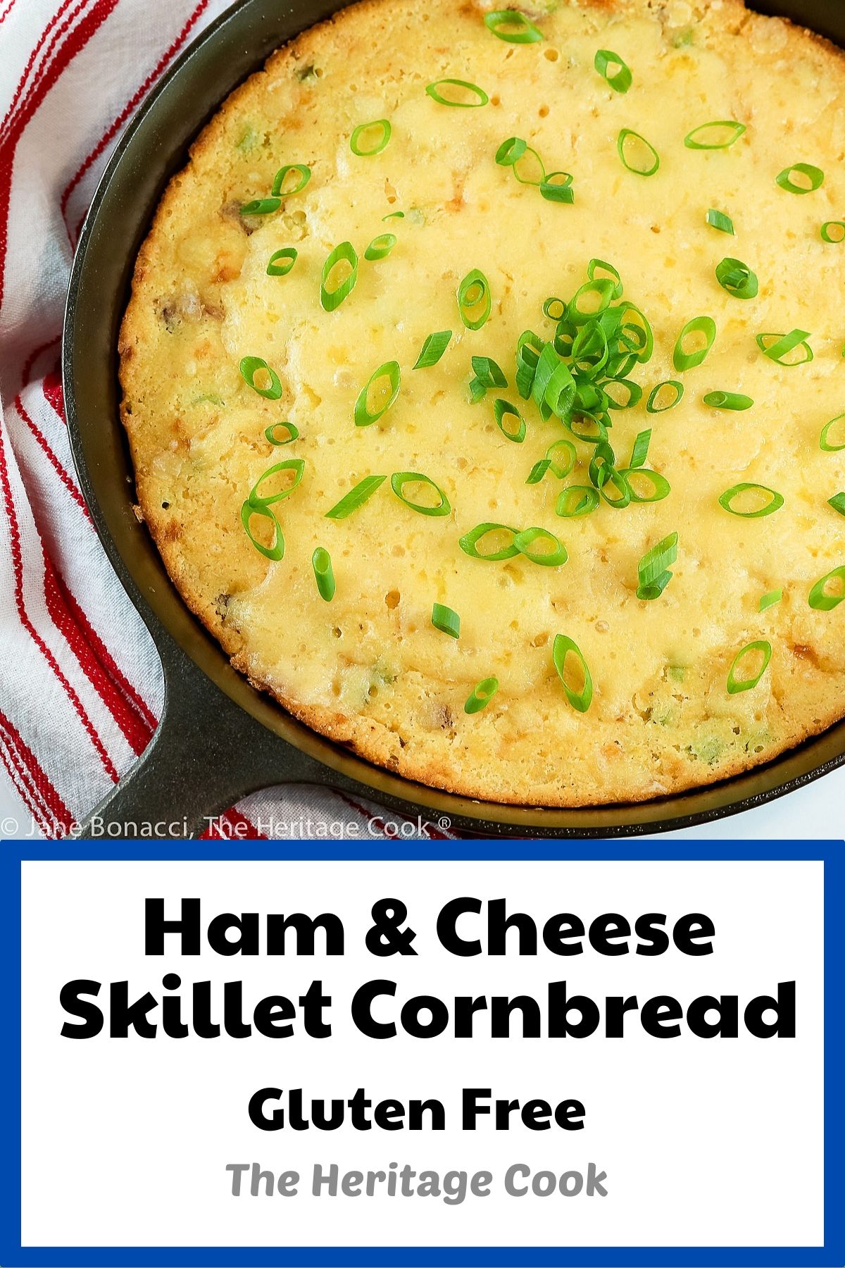 Ham and Cheese Cornbread baked in a cast iron skillet, slices on a small plate topped with sliced green onions © 2023 Jane Bonacci, The Heritage Cook. 