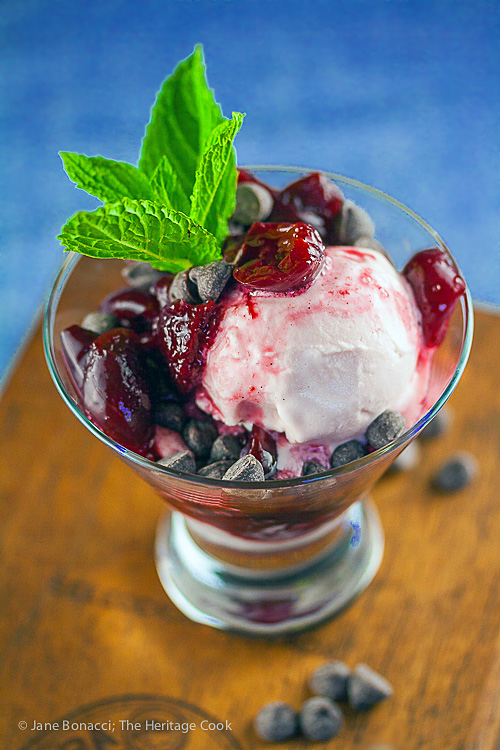 Fresh Cherry and Chocolate Chip Sundaes © 2017 Jane Bonacci, The Heritage Cook