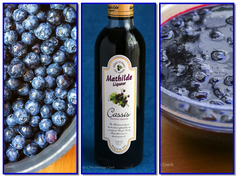 Fresh blueberries, bottle of Cassis, and finished blueberry sauce in a bowl; Ice Cream Sundae with Fresh Homemade Blueberry Syrup © 2017 Jane Bonacci, The Heritage Cook
