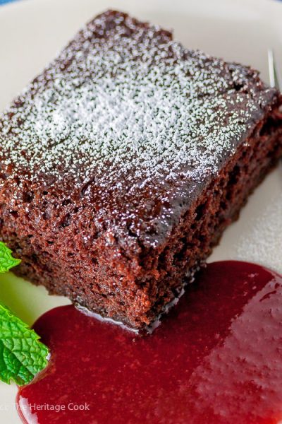 World's Easiest Chocolate Cake with Raspberry Sauce © 2017 Jane Bonacci, The Heritage Cook