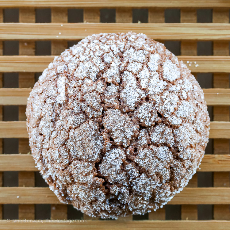Close up of a single cookie; Dark Chocolate Bourbon Crackle Cookies © 2017 Jane Bonacci, The Heritage Cook