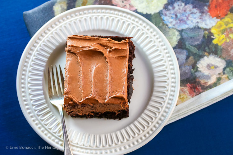 top down of Chocolate Sheet Cake with Chocolate Caramel Frosting © 2017 Jane Bonacci, The Heritage Cook 