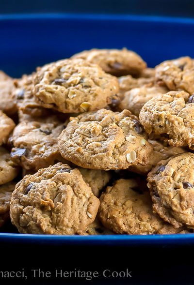 Close up platter stacked with cookies; Oatmeal, Chocolate Chip, Peanut Butter Cookies (Gluten-Free); © 2017 Jane Bonacci, The Heritage Cook