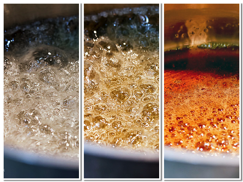 progression of caramelizing sugar, you need a light-colored pan to be able to see the color changes; Chocolate Sheet Cake with Chocolate Caramel Frosting © 2017 Jane Bonacci, The Heritage Cook 
