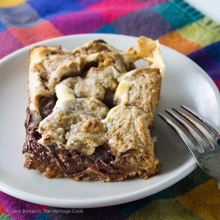 S'Mores Bars with Hazelnut Crust, melted chocolate and toasted marshmallows © 2017 Jane Bonacci, The Heritage Cook