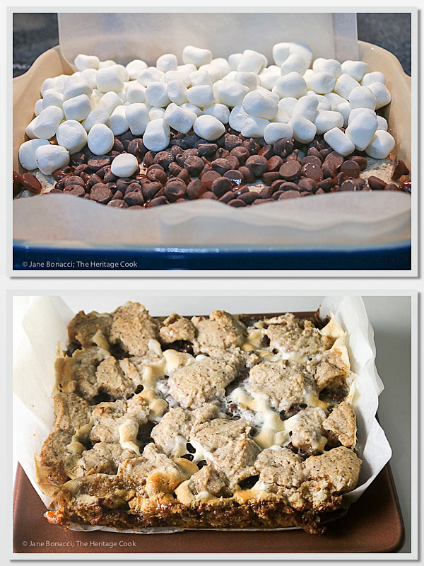 A collage of two images, one showing the layers of chocolate and marshmallows before baking and the other is the pan hot from the oven; S'Mores Bars with Hazelnut Crust, melted chocolate and toasted marshmallows © 2017 Jane Bonacci, The Heritage Cook