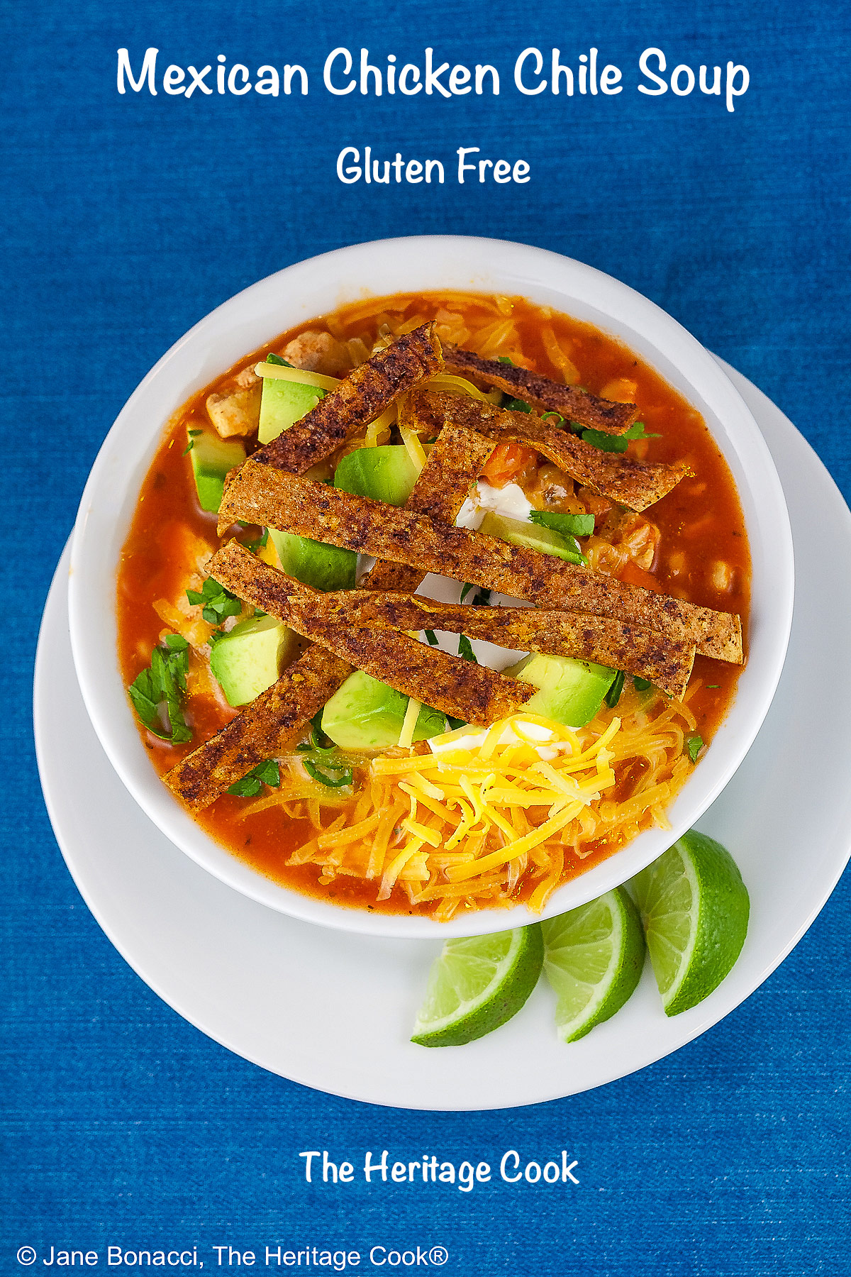 White bowl sitting on a white plate on a blue background, filled with rich, deep red chicken chile soup with spiced tortilla strips, sour cream, avocado cubes, shredded cheese, chopped cilantro, green onions - beautiful toppings add luscious flavor and texture, with lime wedges alongside © 2025 Jane Bonacci, The Heritage Cook. 