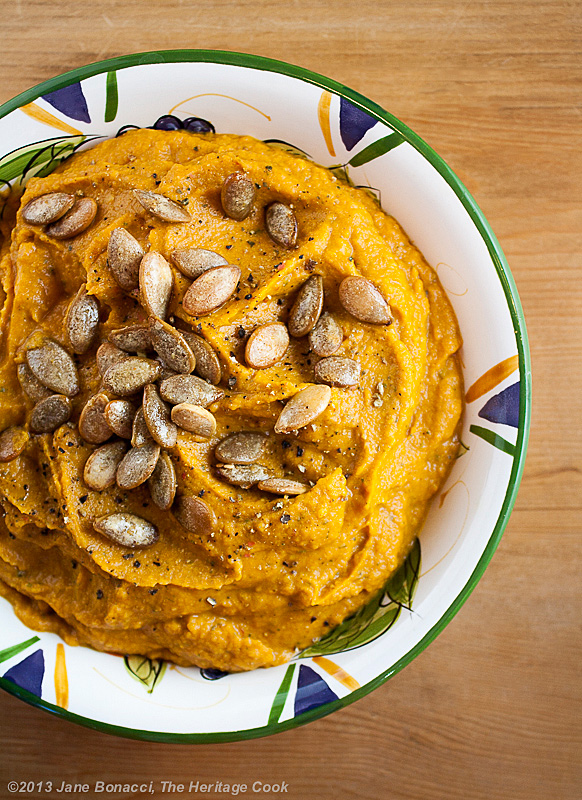 Pumpkin Hummus with Seasoned Pumpkin Seeds Gluten Free © 2017 Jane Bonacci, The Heritage Cook