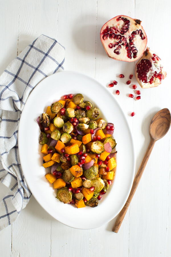 Balsamic Roasted Butternut Squash & Brussels Sprouts; Over 40 of the Best Thanksgiving Side Dishes; Jane Bonacci, The Heritage Cook