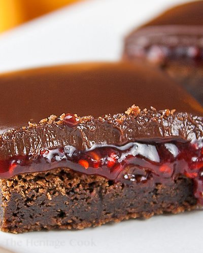 Close up of a Brownie with raspberry jam in the center; Top 21 most popular Chocolate Monday recipes of 2017 © 2017 Jane Bonacci, The Heritage Cook