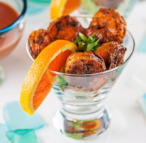 3/4 angle view into bowl of shrimp cocktail; Chipotle Orange Shrimp Cocktail for Valentine's Day © 2018 Jane Bonacci, The Heritage Cook