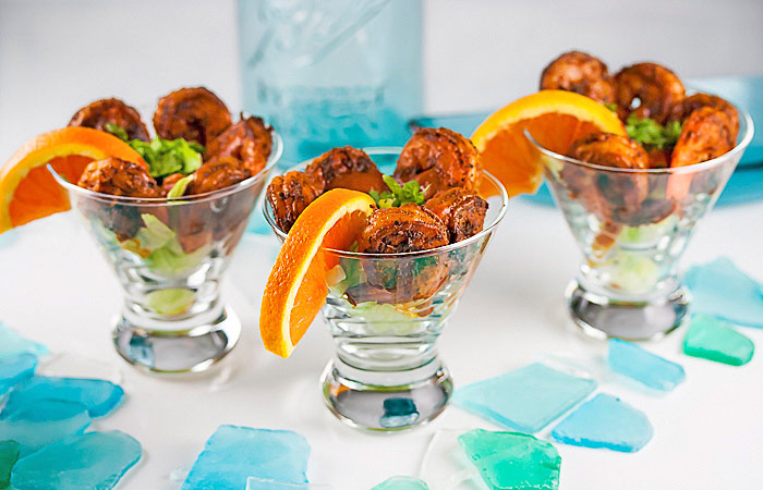 Array of shrimp cocktails; Chipotle Orange Shrimp Cocktail for Valentine's Day © 2018 Jane Bonacci, The Heritage Cook