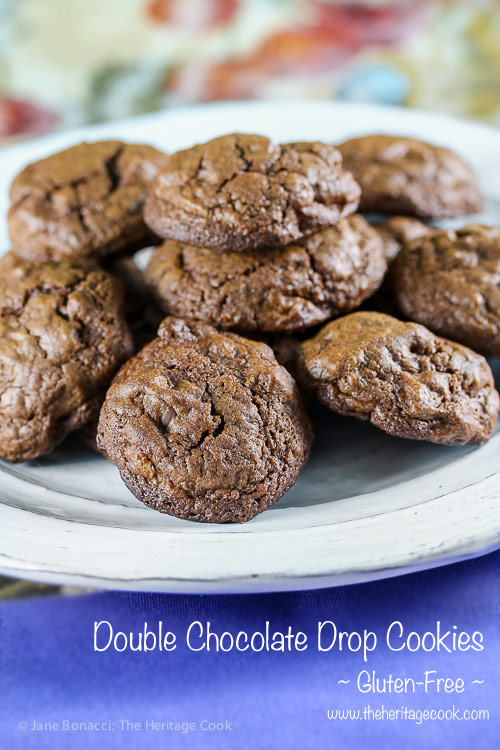 piled plate of Double Chocolate Drop Cookies © 2018 Jane Bonacci, The Heritage Cook