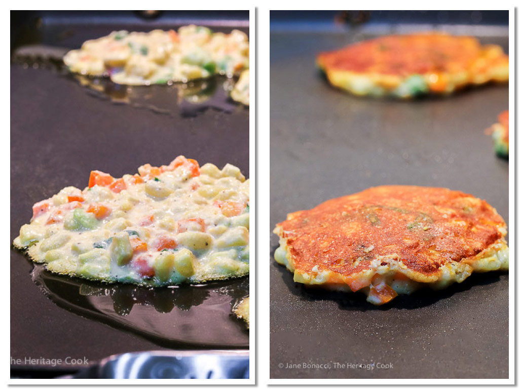 Before and after cooking the tamale pancakes; BBQ Chicken with Tamale Corn Pancakes © 2022 Jane Bonacci, The Heritage Cook