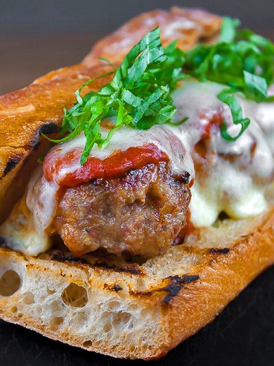 Grilled Meatball Hoagie Sandwiches with Spicy Tomato Sauce and Melted Cheese © 2018 Jane Bonacci, The Heritage Cook