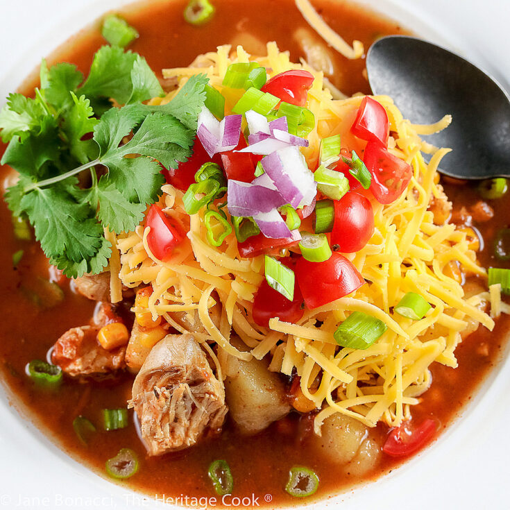 Deep red soup topped with a mountain of ingredients, grated cheese, tomatoes, cilantro, red and green onions, and more; Instant Pot Chicken Enchilada Soup © 2018 Jane Bonacci, The Heritage Cook.