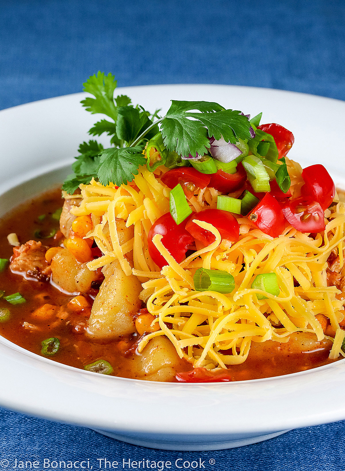 Deep red soup topped with a mountain of ingredients, grated cheese, tomatoes, cilantro, red and green onions, and more; Instant Pot Chicken Enchilada Soup © 2018 Jane Bonacci, The Heritage Cook. 