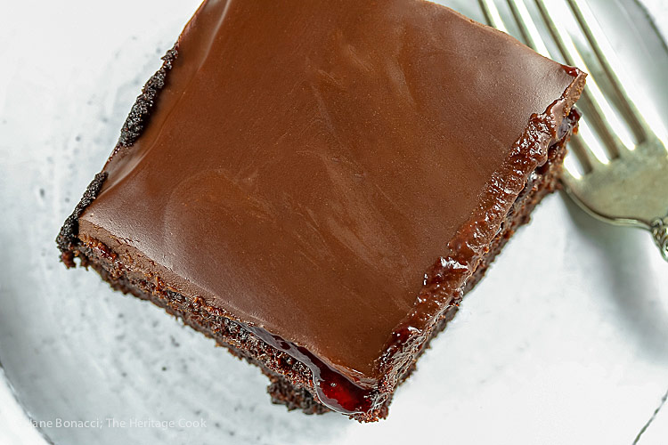 Top down view; Chocolate Raspberry Sheet Cake © 2018 Jane Bonacci, The Heritage Cook. All rights reserved. 