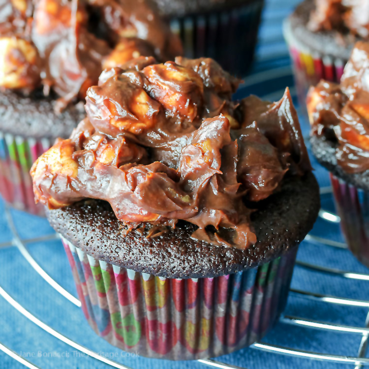 Close up of a single cupcake; Rocky Road Chocolate Cupcakes with Ganache Frosting © 2018 Jane Bonacci, The Heritage Cook