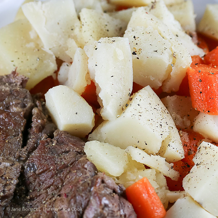 Close up of the potatoes and carrots with pot roast; Instant Pot Chuck Roast with Potatoes and Carrots (Gluten-Free) © 2018 Jane Bonacci, The Heritage Cook; www.theheritagecook.com