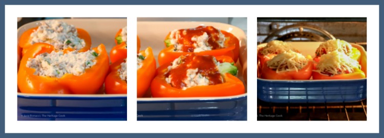 Steps to stuffing and baking the peppers; Lasagna Stuffed Peppers from The Everyday Ketogenic Kitchen cookbook © 2018 Jane Bonacci, The Heritage Cook