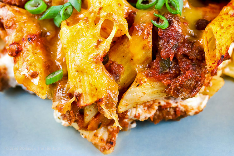 Close up of Sloppy Joe Mexican Lasagna © 2018 Jane Bonacci, The Heritage Cook