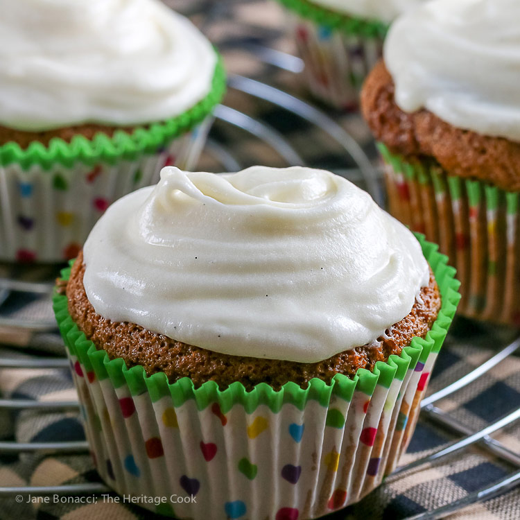 close up of single cupcake; Spice Cupcakes with White Chocolate Cream Cheese Frosting © 2018 Jane Bonacci, The Heritage Cook