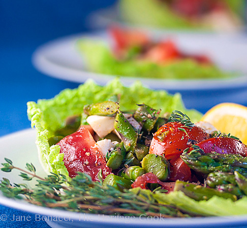 side on view of Asparagus Salad with Lemon Vinaigrette © 2018 Jane Bonacci, The Heritage Cook