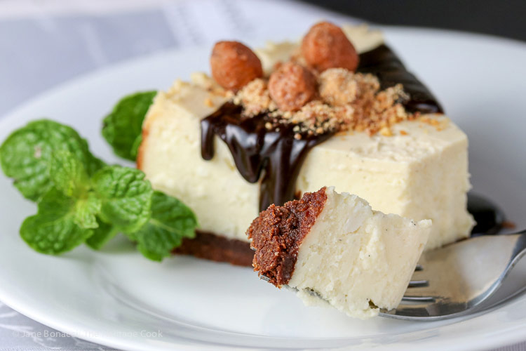 close up slice of cheesecake with bite on a fork; Coconut Cheesecake with Chocolate Sauce (Gluten-Free) © 2018 Jane Bonacci, The Heritage Cook 