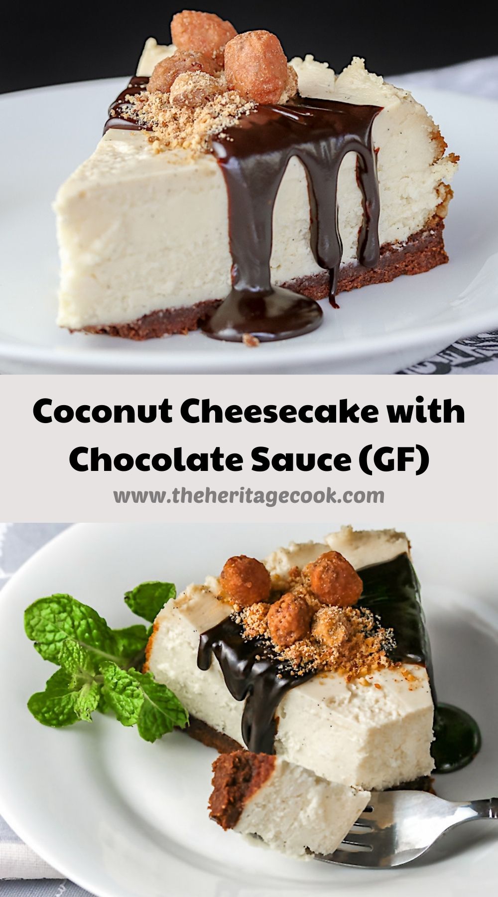 Coconut Cheesecake with Chocolate Sauce (Gluten-Free) © 2021 Jane Bonacci, The Heritage Cook 