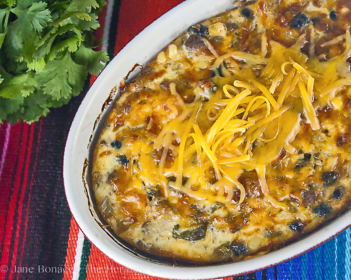 top down view; Green Chile Egg Sausage Casserole © 2018 Jane Bonacci, The Heritage Cook