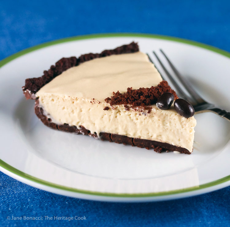 slice of pie on a plate; Kahlua Cream Pie with Chocolate Cookie Crust © 2016 Jane Bonacci, The Heritage Cook