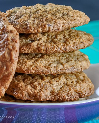 Close up of stack of cookies; Oatmeal Chocolate Chip Pecan Cookies © 2018 Jane Bonacci, The Heritage Cook