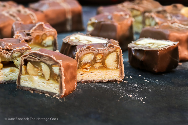Close up of Chopped Snickers Bars; Snickers Chocolate Fudge (Gluten Free) © 2018 Jane Bonacci, The Heritage Cook